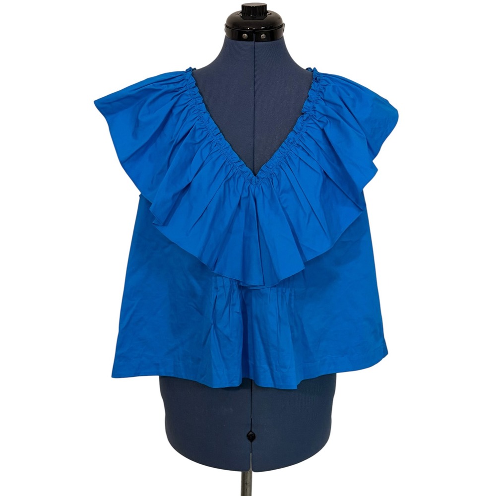 Tuckernuck Hunter Bell Blue Ruffle Neck Flutter Top Cap Sleeve Boxy Babydoll M